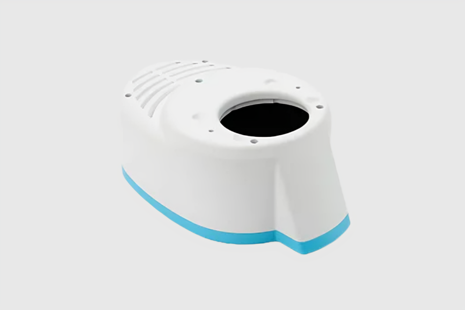 White and blue plastic toilet seat cover