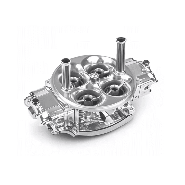 Shiny industrial metal machine component with four cylinders