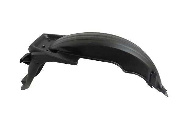Black motorcycle fender on white background.