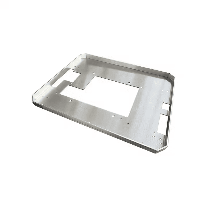 Metal sheet with cutouts and holes.