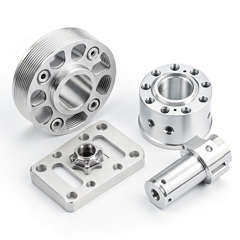 CNC machined metal parts on white background.