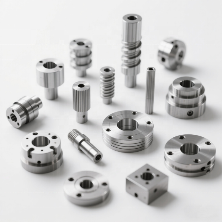 Assorted metal machine parts arranged on surface.