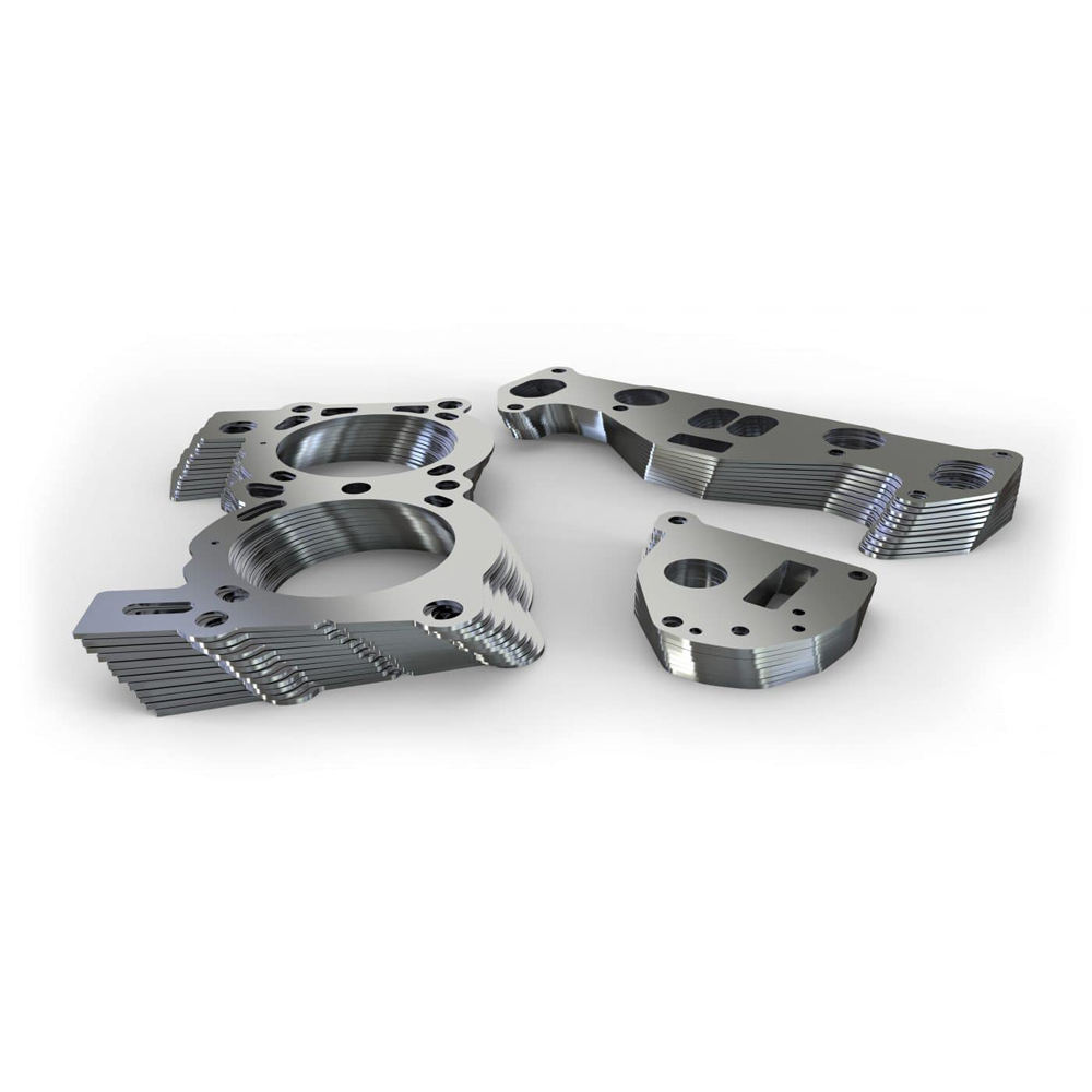 Stacked metal parts with circular cutouts