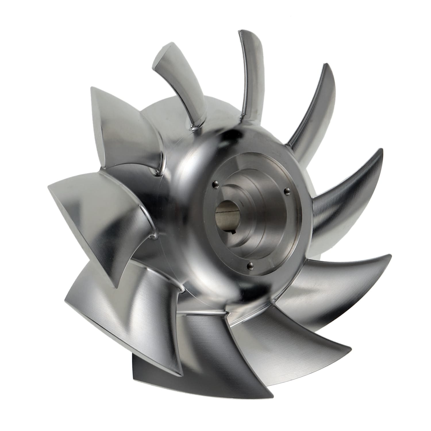 Metal turbine impeller with curved blades.