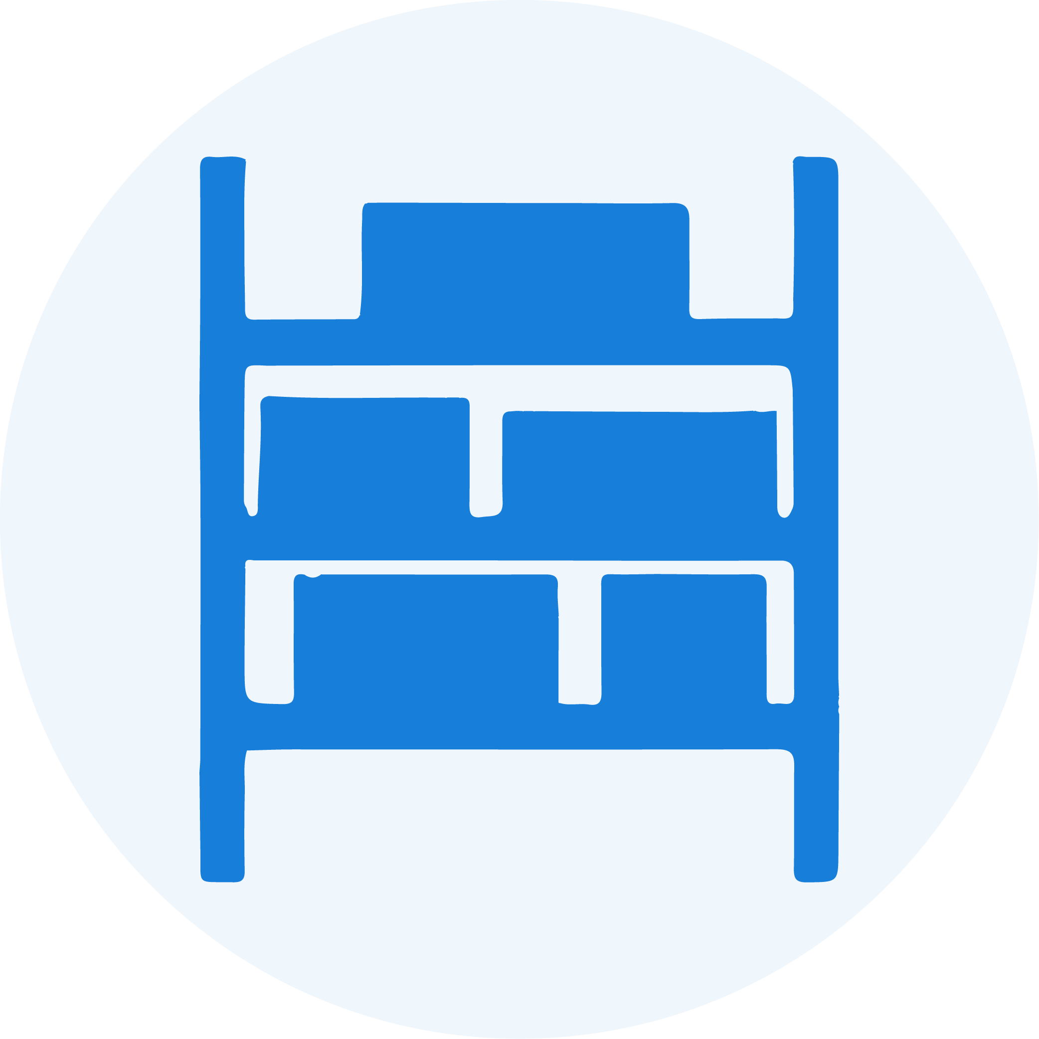 Blue icon of a bookshelf with books.