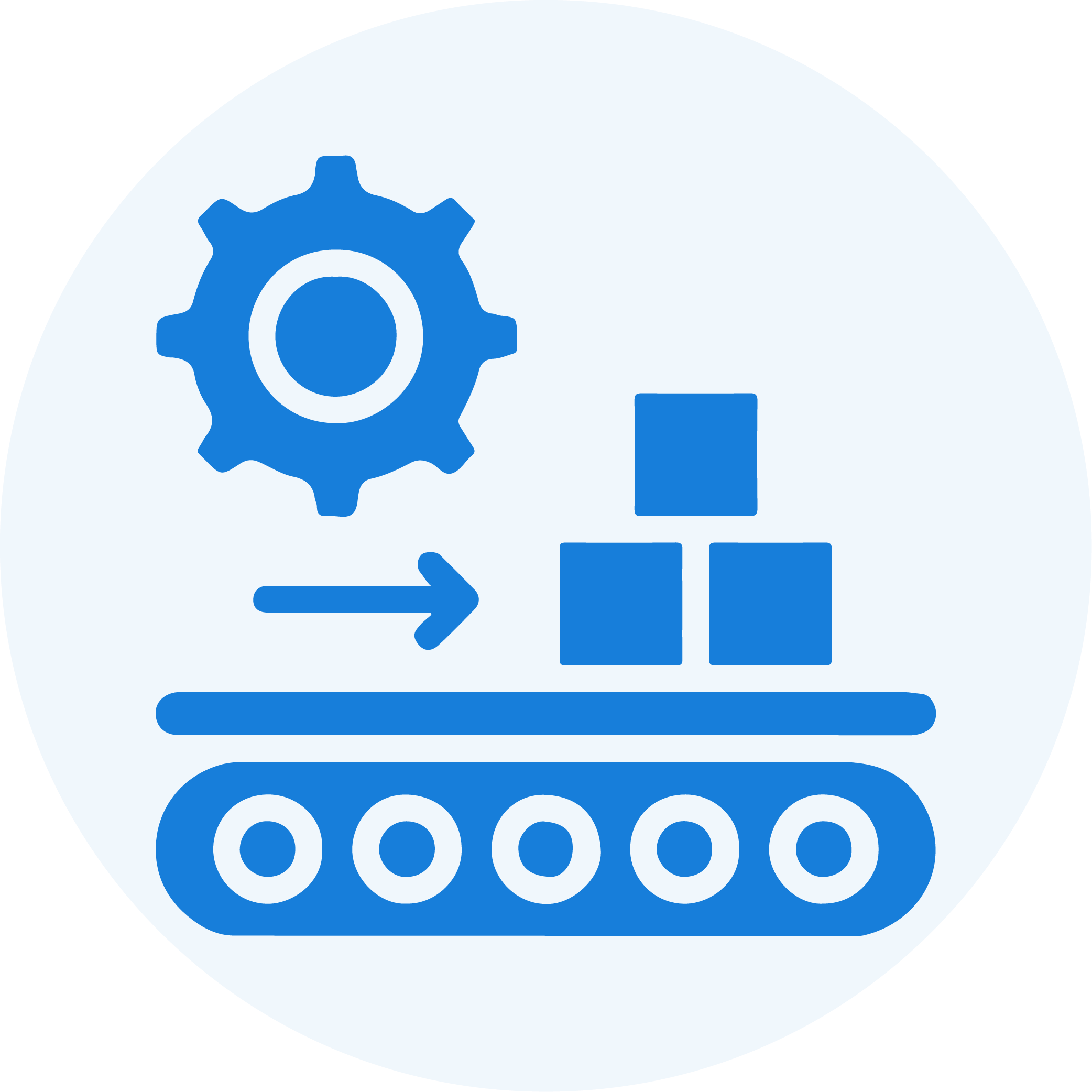 Factory assembly line with gear and conveyor belt.