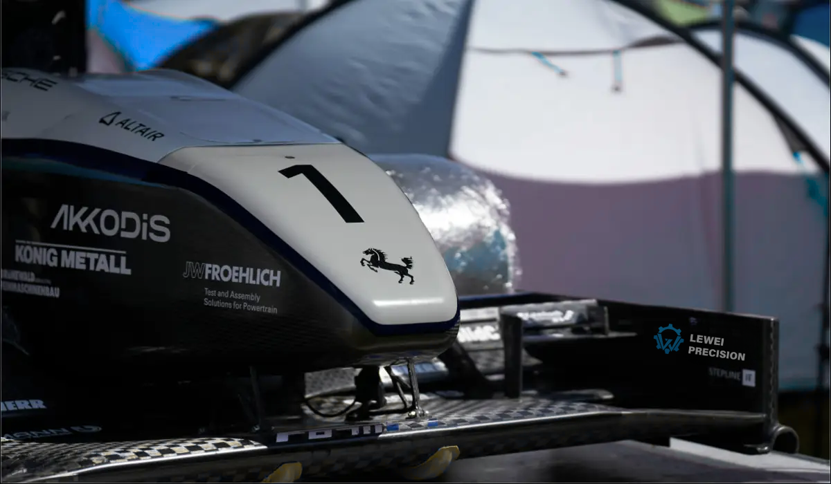 Close-up of race car with sponsor logos.