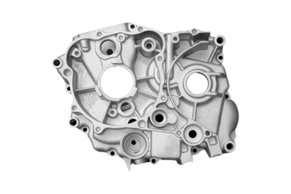 Gray metal engine part with bolt holes.
