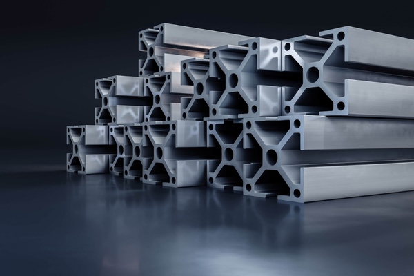 Stack of aluminum extrusions on dark background.