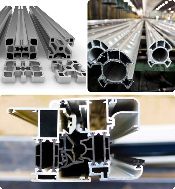 Aluminum extrusion profiles in various shapes and sizes.