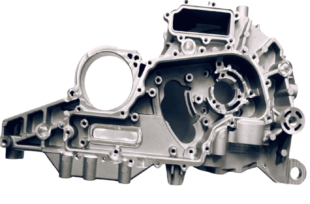 Engine housing part with multiple mounting points.