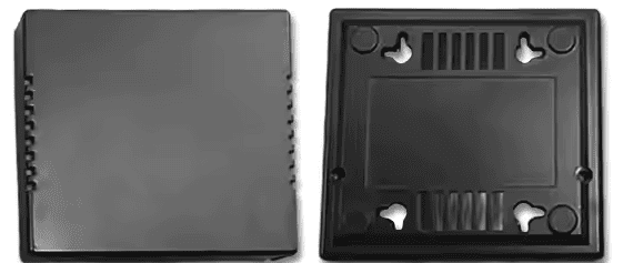 Two black plastic enclosures, top and bottom view