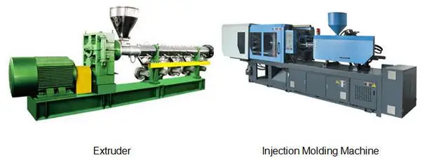 Extruder and injection molding machine side by side.