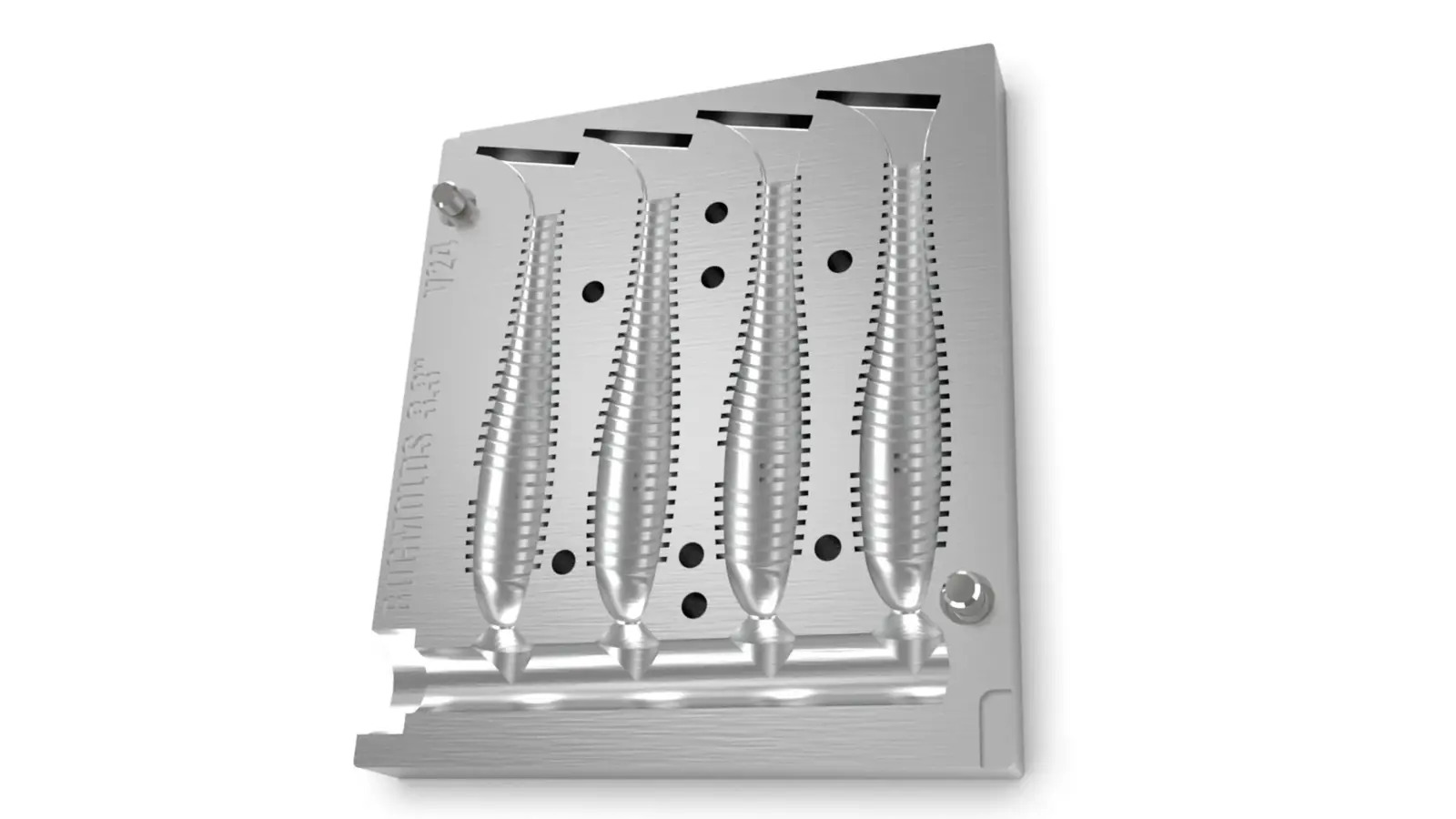 Aluminum mold with four cavities for shaping parts.