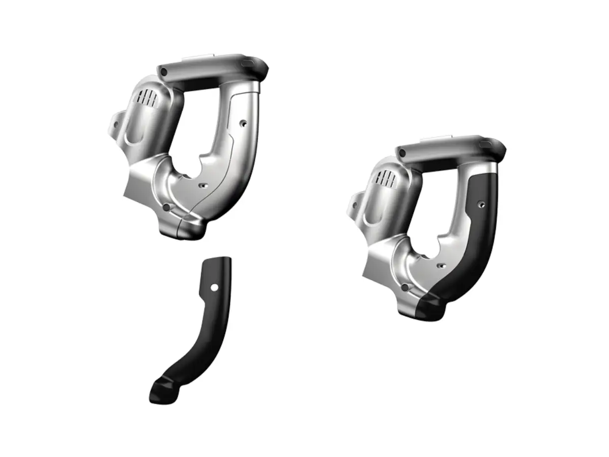 Electric saw handles and component on display.