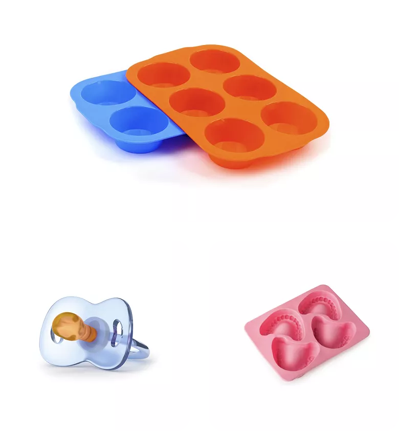 Colorful silicone baking molds and pacifier set