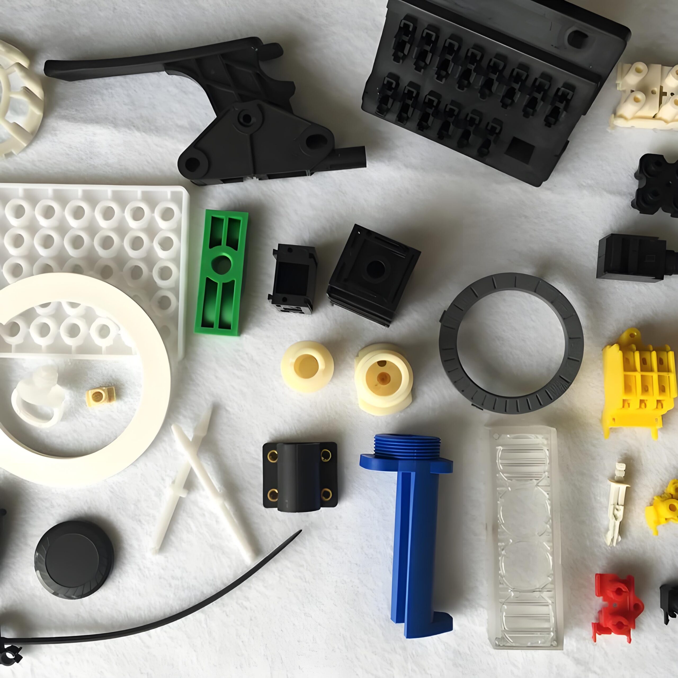 Various plastic parts laid out on a table.
