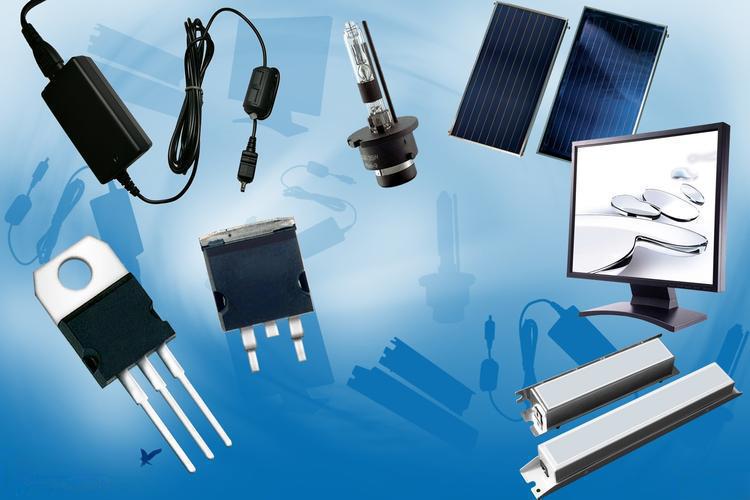 Various electronic components and devices on blue background.