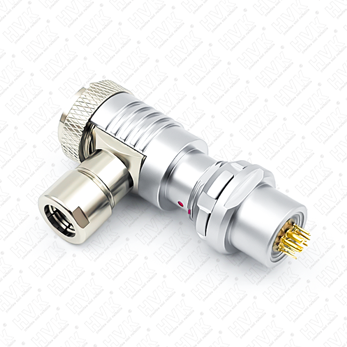 Right-angle metal connector with gold pins