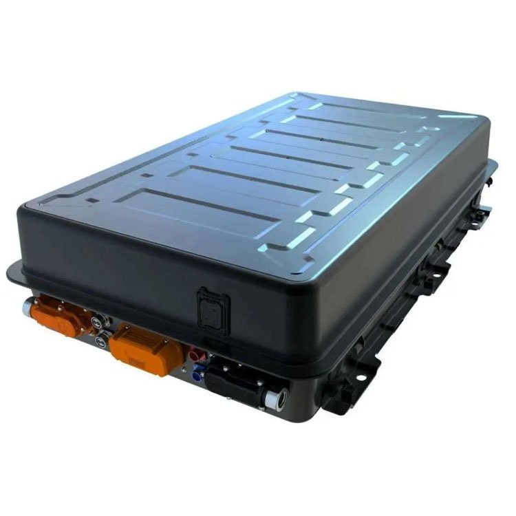 Electric vehicle battery pack on white background.