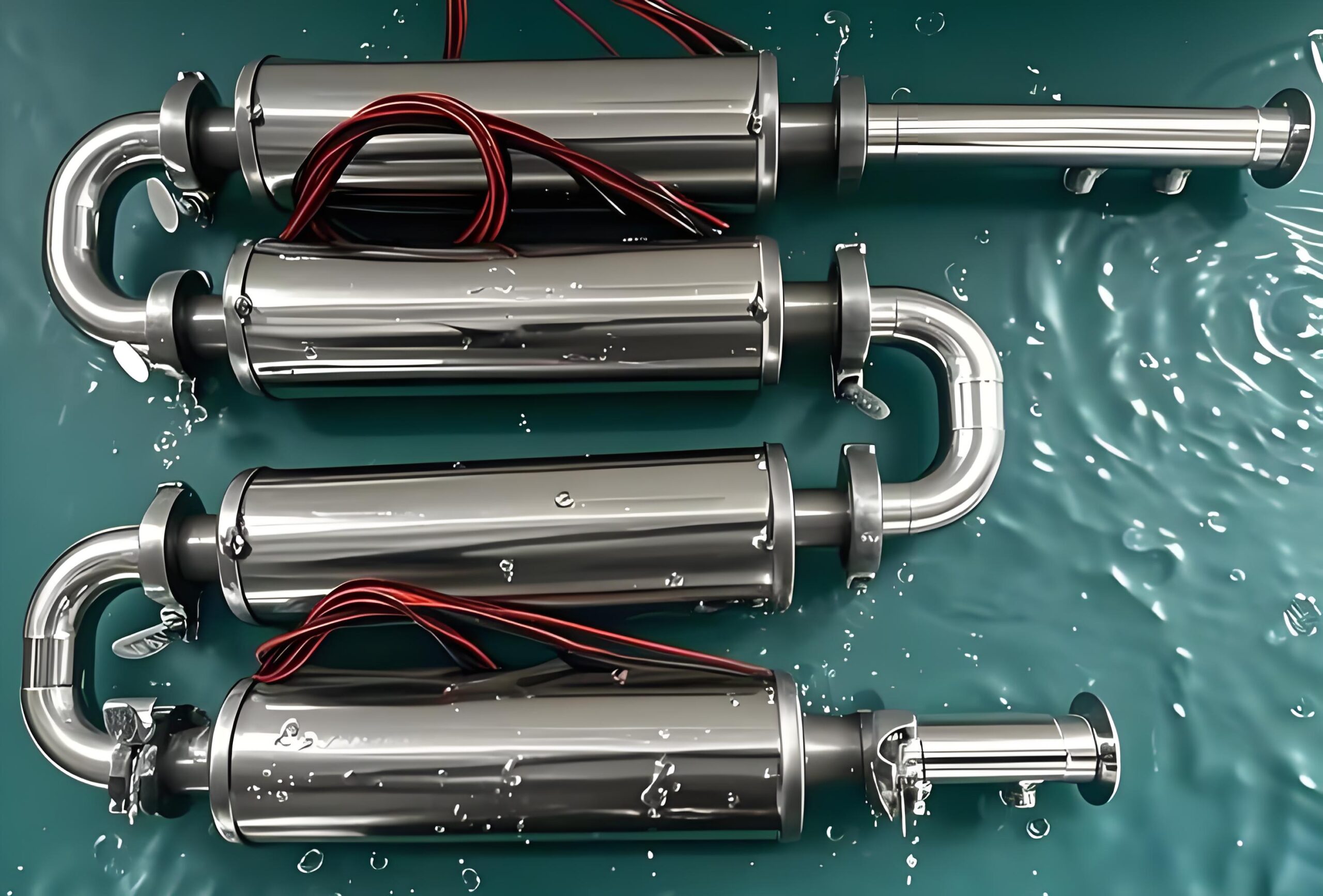 Stainless steel pipes with wiring and water droplets.