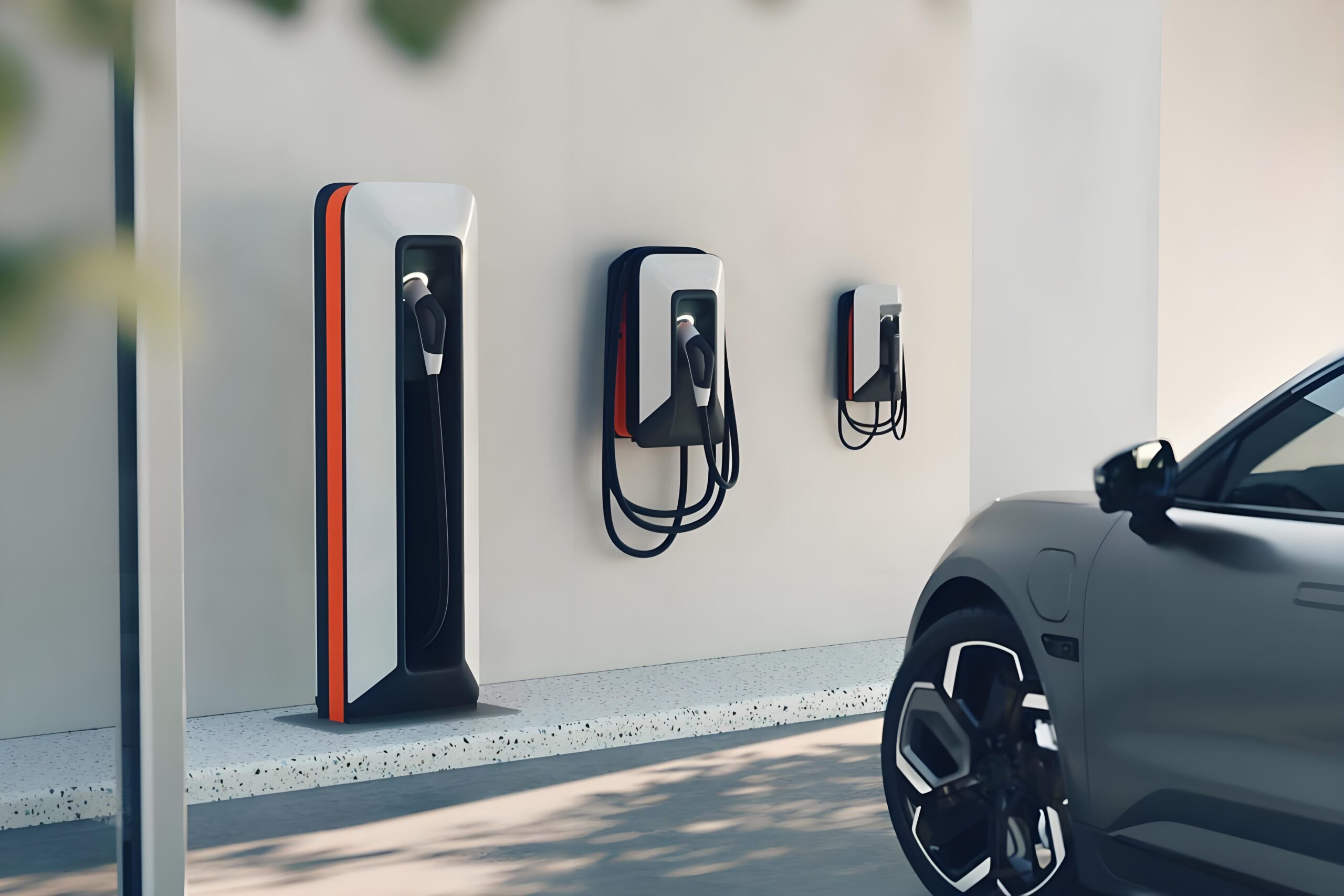 Electric car charging stations and vehicle in parking lot.