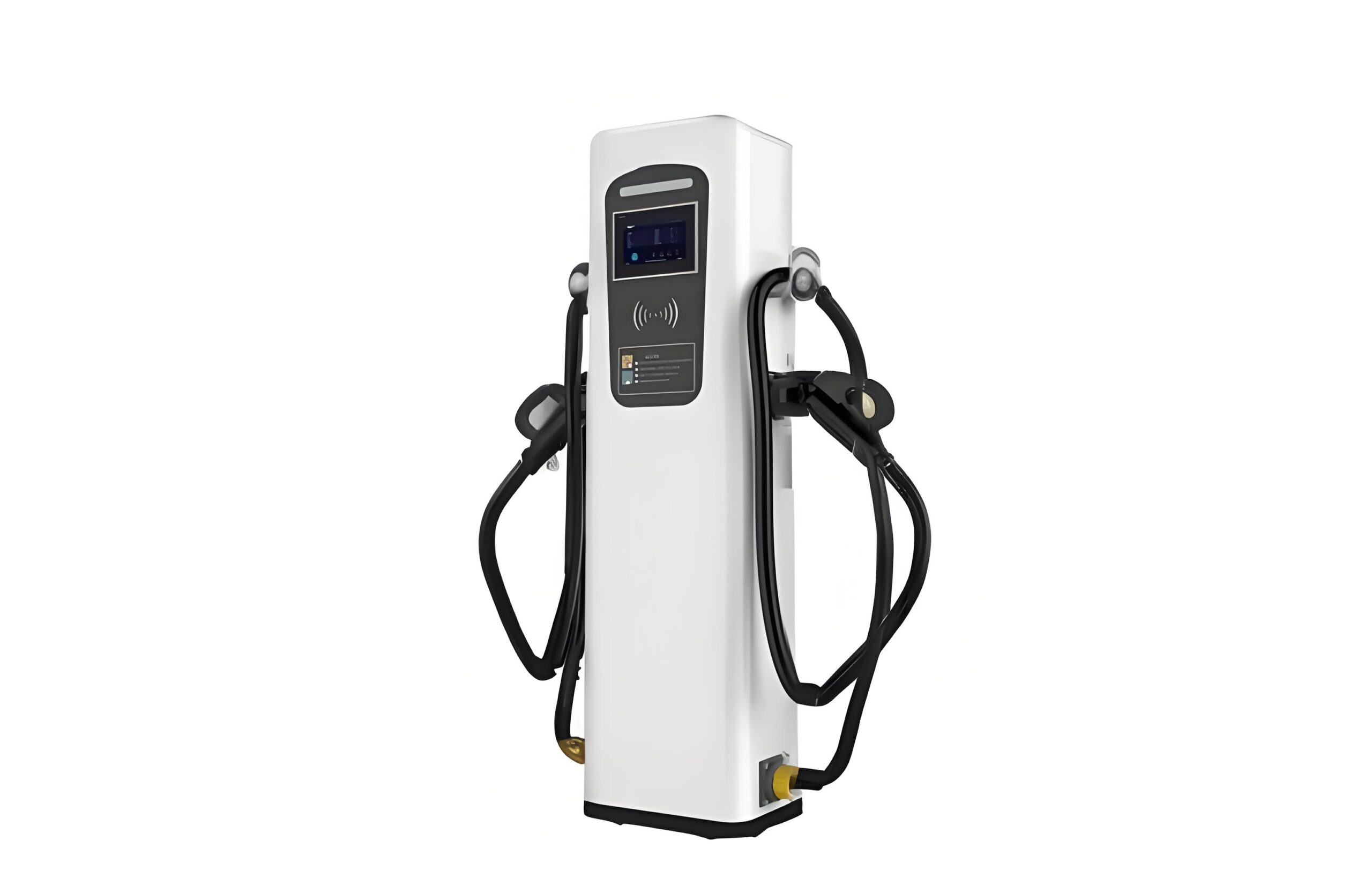 Electric vehicle charging station with cables.