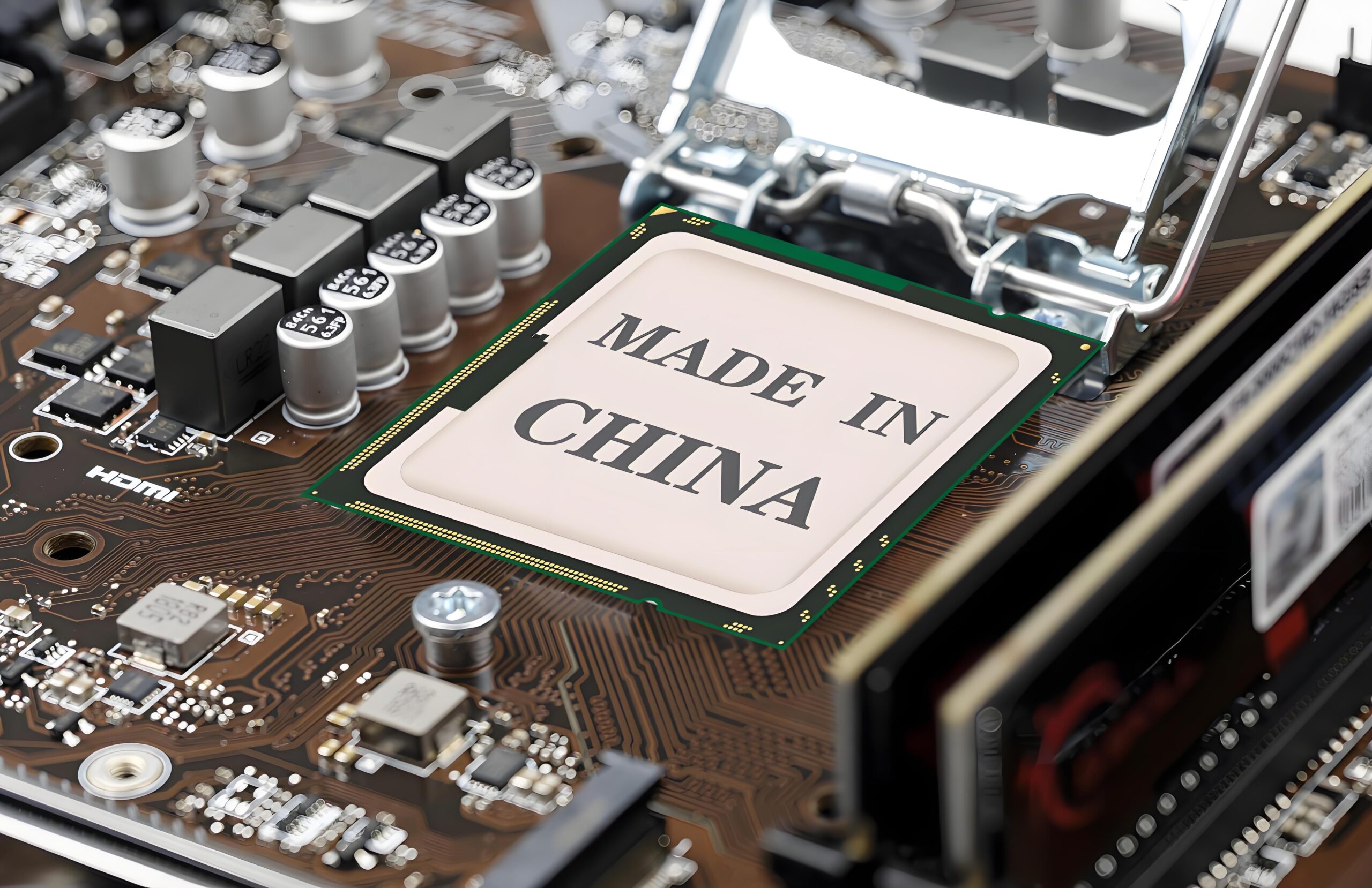 Close-up of circuit board, 'Made in China' label.