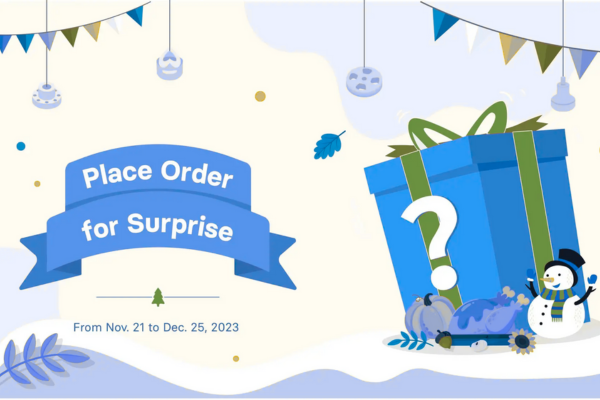 Surprise order event with blue gift and snowman.