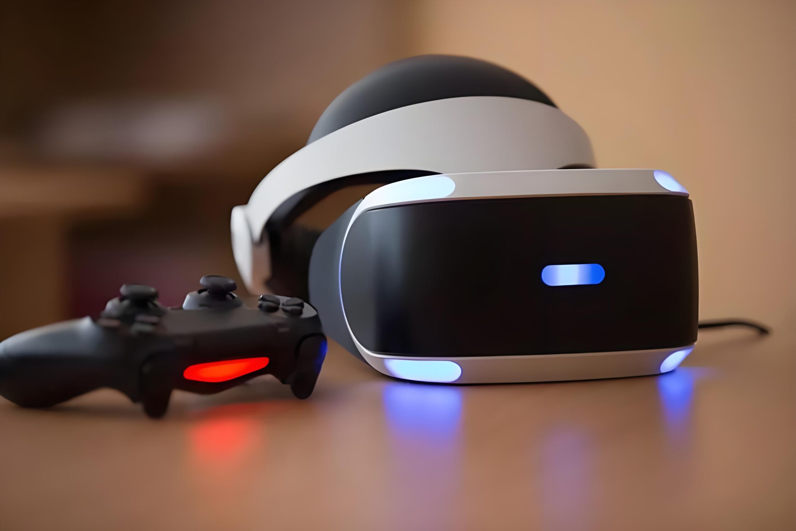Virtual reality headset and gaming controller on table.