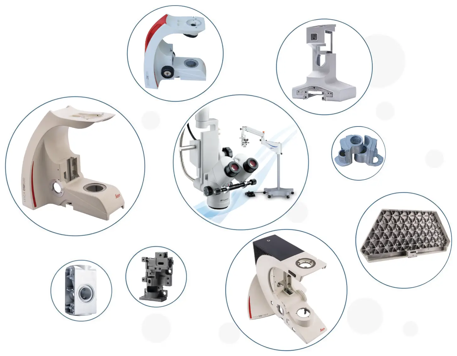 Various microscope parts and components displayed