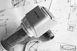 Industrial filter prototype with technical sketches