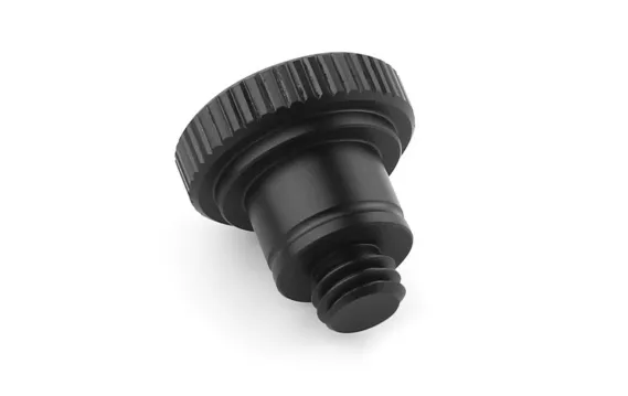 Black plastic threaded cap on white background.