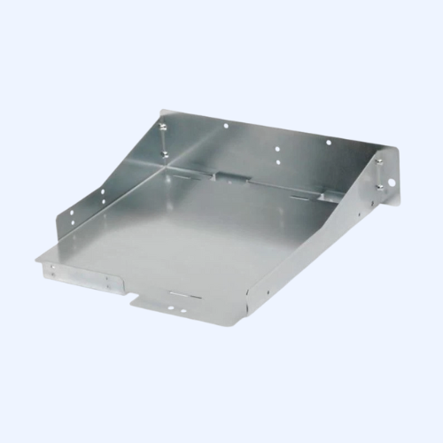 Gray metal printer tray, wall mountable.
