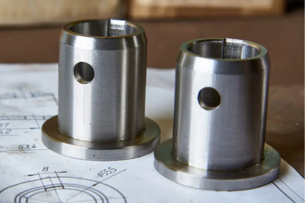 Two metal components on technical drawings.