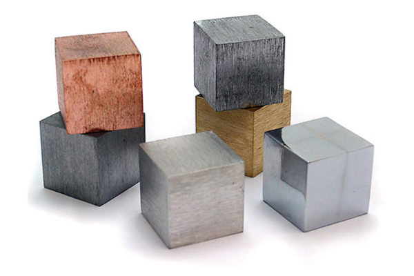Metal cubes of various materials and colors.