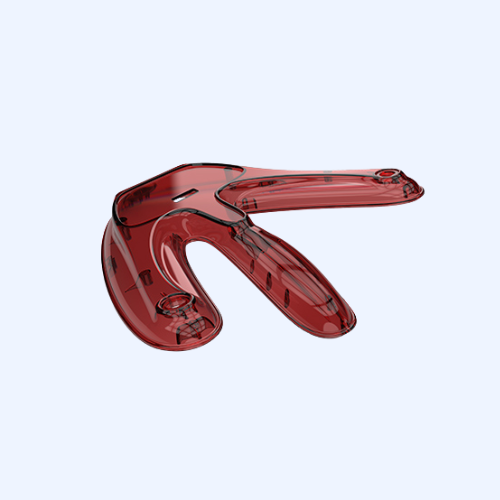 Red boomerang-shaped object, transparent design.