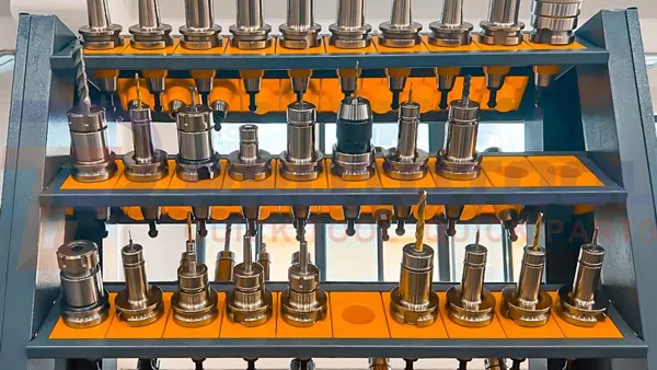 Rack of metal tool holders in workshop