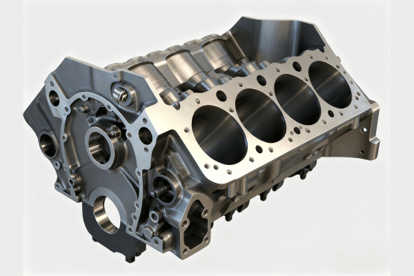 Metal engine block with cylinder holes and components.